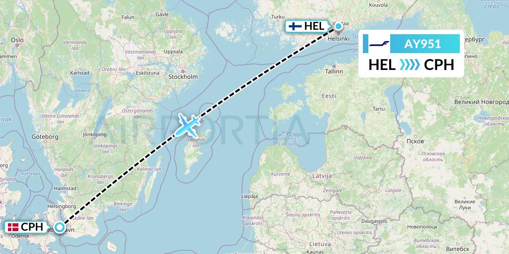 AY951 Finnair Flight Map: Helsinki to Copenhagen