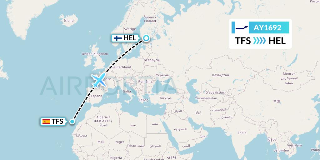 AY1692 Finnair Flight Map: Tenerife to Helsinki