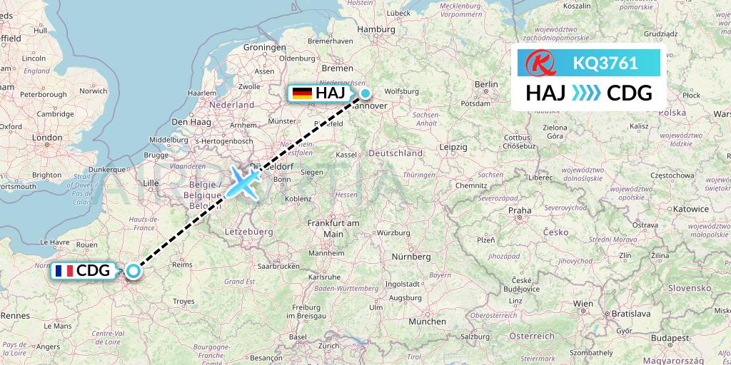 KQ3761 Kenya Airways Flight Map: Hannover to Paris