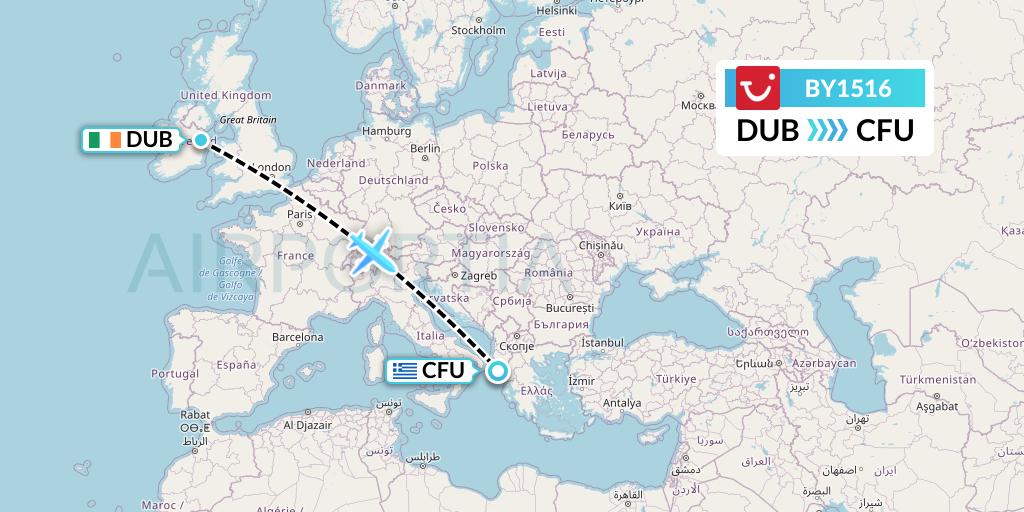 BY1516 TUI Airways Flight Map: Dublin to Corfu
