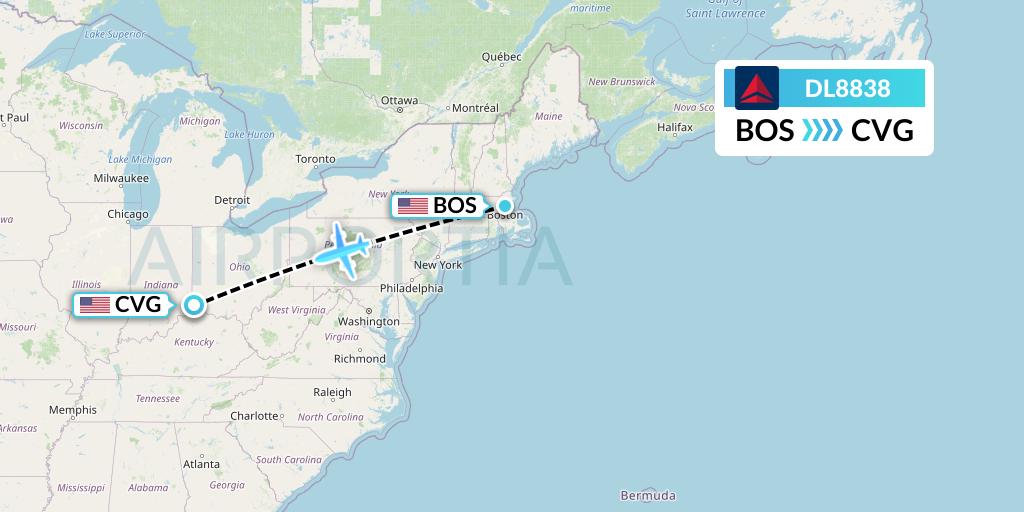 DL8838 Delta Air Lines Flight Map: Boston to Cincinnati