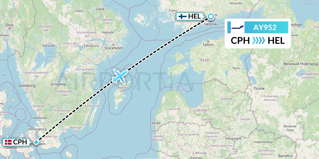 AY952 Finnair Flight Map: Copenhagen to Helsinki