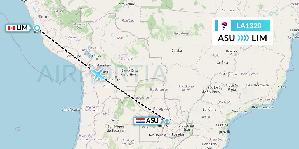 LA1320 LAN Airlines Flight Map: Asuncion to Lima