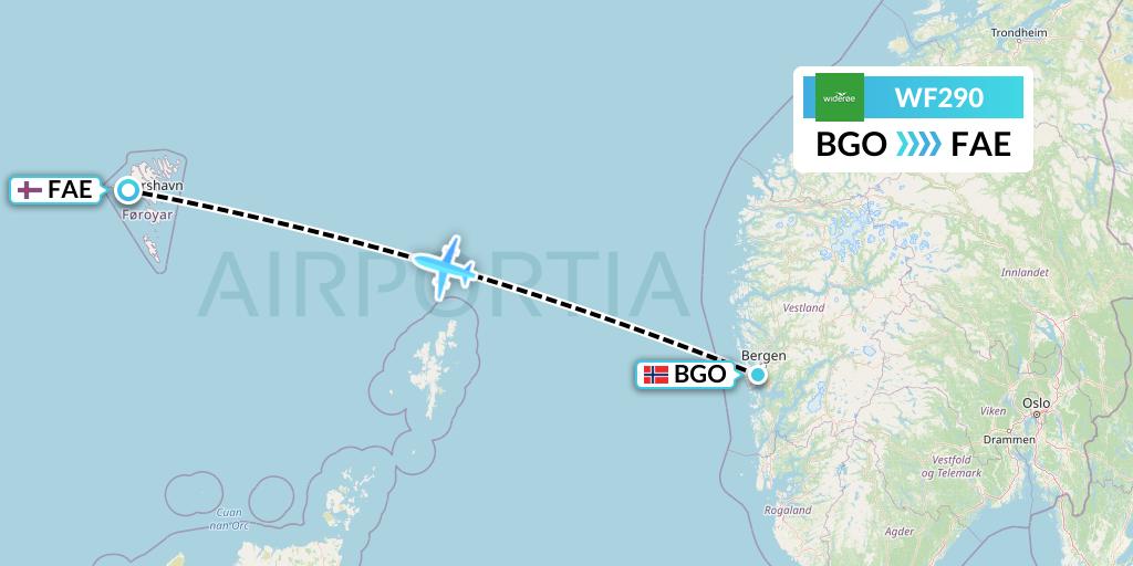 WF290 Wideroe Flight Map: Bergen to Vagar