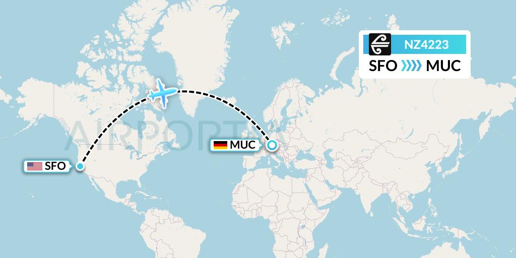 NZ4223 Air New Zealand Flight Map: San Francisco to Munich
