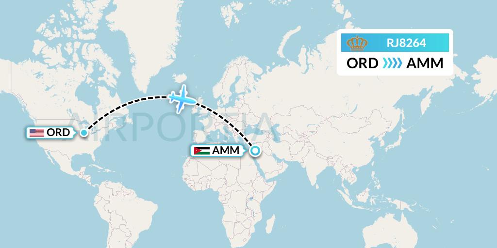 RJ8264 Royal Jordanian Flight Map: Chicago to Amman