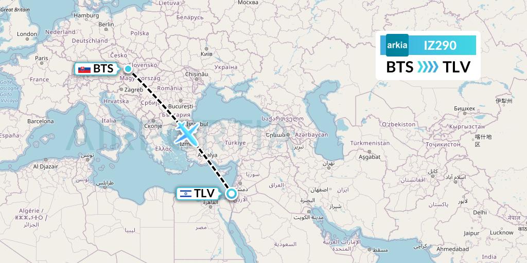 IZ290 Arkia Israeli Airlines Flight Map: Bratislava to Tel Aviv