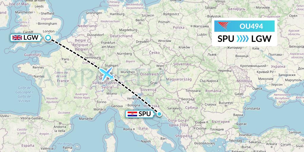 OU494 Croatia Airlines Flight Map: Split to London