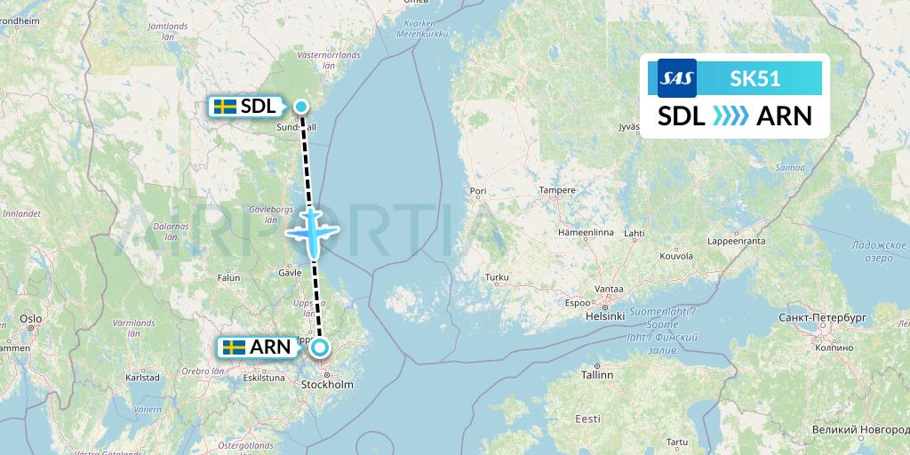 SK51 SAS Flight Map: Sundsvall to Stockholm