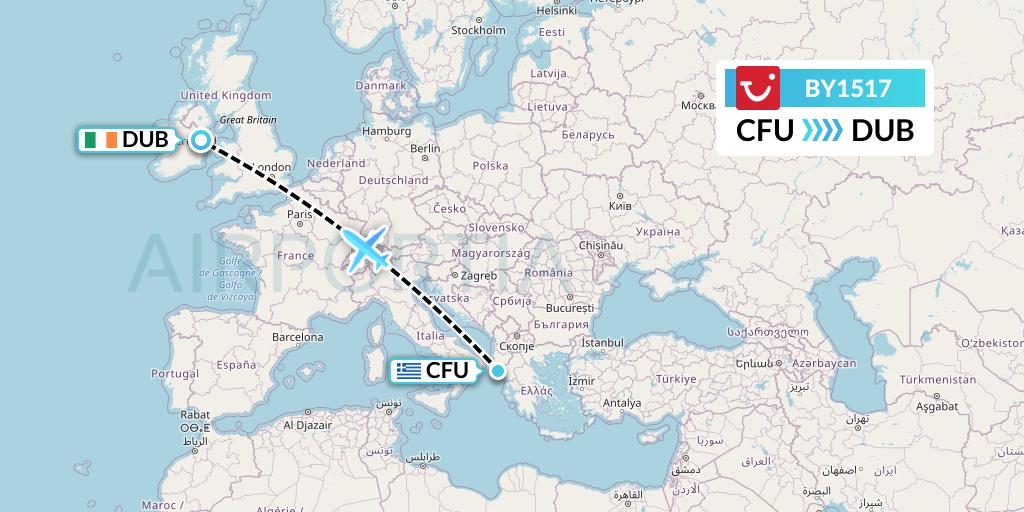 BY1517 TUI Airways Flight Map: Corfu to Dublin