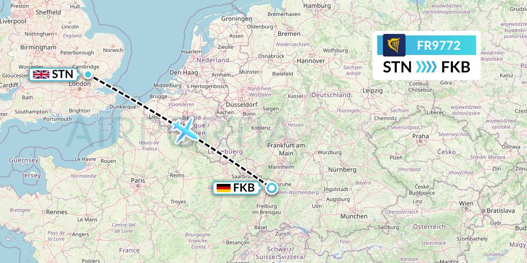 FR9772 Ryanair Flight Map: London to Karlsruhe/Baden-Baden