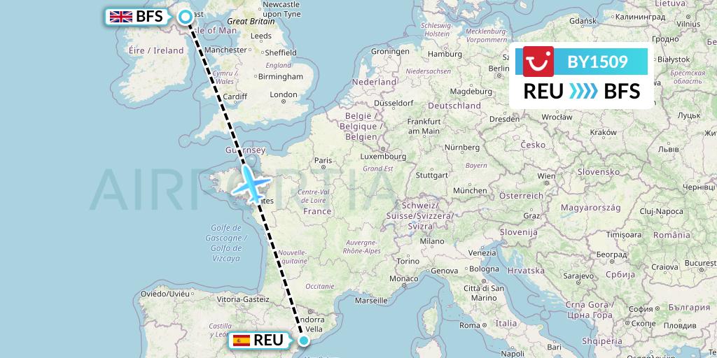 BY1509 TUI Airways Flight Map: Reus to Belfast
