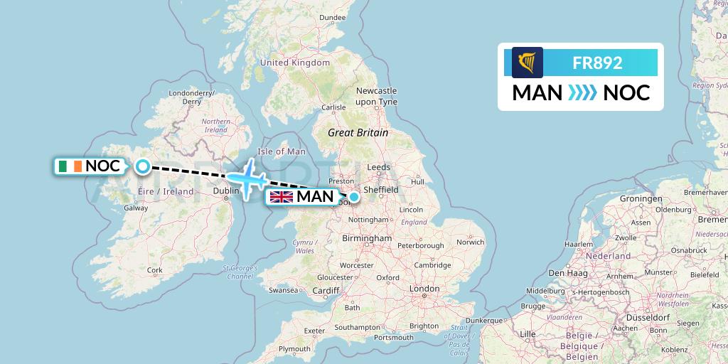 FR892 Ryanair Flight Map: Manchester to Knock