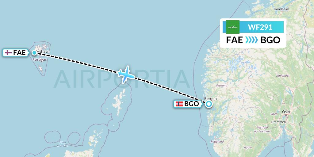 WF291 Wideroe Flight Map: Vagar to Bergen