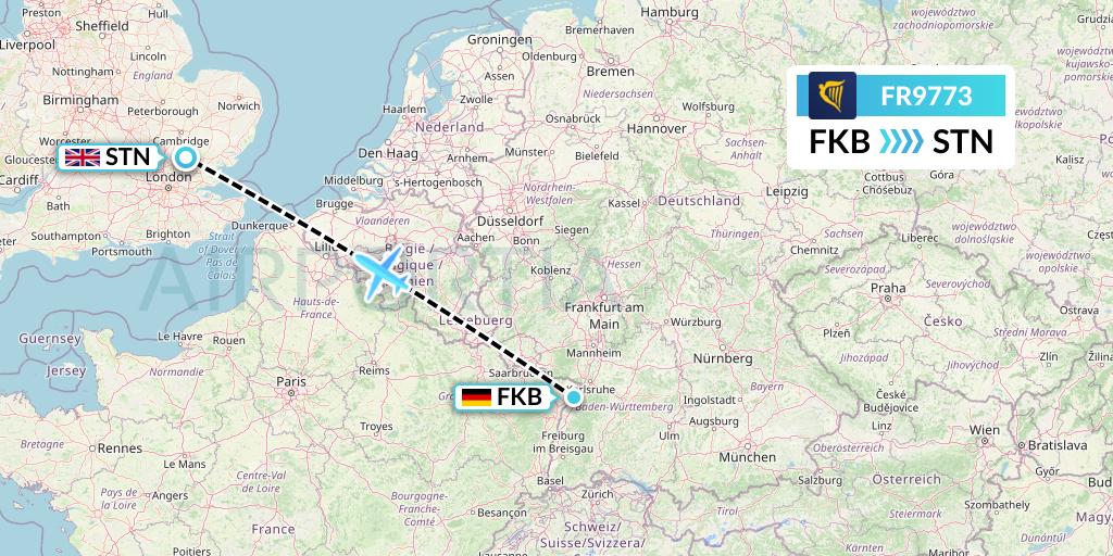FR9773 Ryanair Flight Map: Karlsruhe/Baden-Baden to London