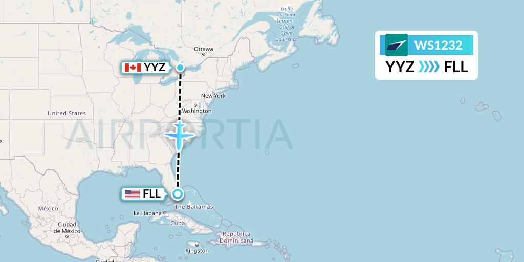 WS1232 WestJet Flight Map: Toronto to Fort Lauderdale