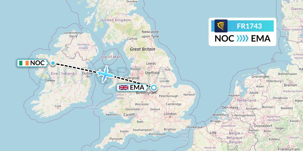 FR1743 Ryanair Flight Map: Knock to East Midlands