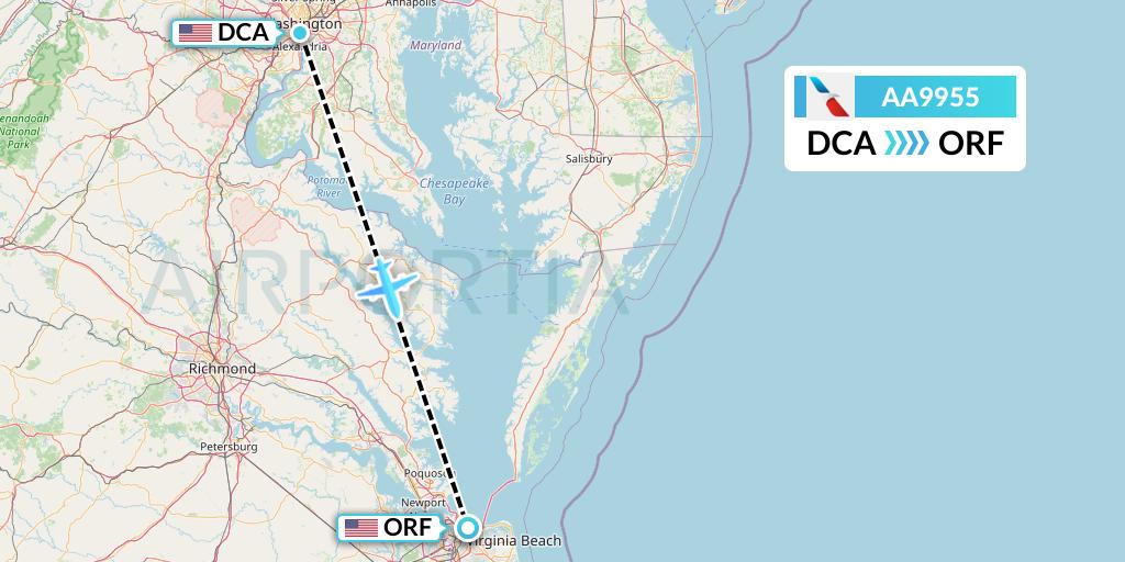 AA9955 American Airlines Flight Map: Washington to Norfolk