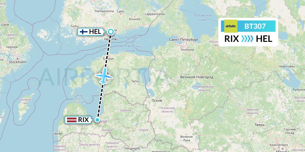 BT307 Air Baltic Flight Map: Riga to Helsinki
