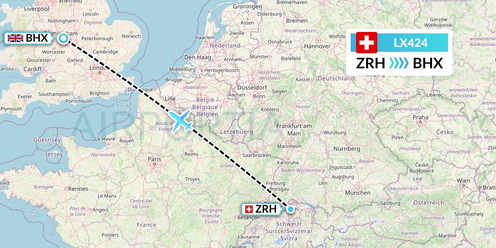 LX424 Swiss Flight Map: Zurich to Birmingham