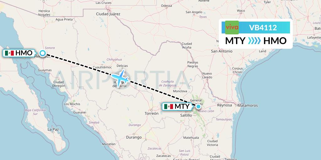VB4112 VivaAerobus Flight Map: Monterrey to Hermosillo