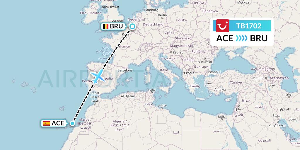 TB1702 TUI fly Belgium Flight Map: Lanzarote to Brussels
