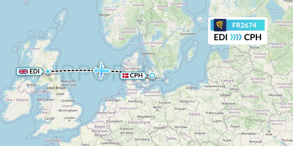 FR2674 Ryanair Flight Map: Edinburgh to Copenhagen