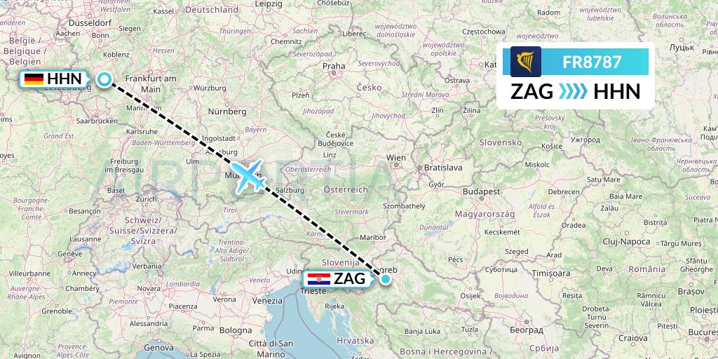 FR8787 Ryanair Flight Map: Zagreb to Hahn