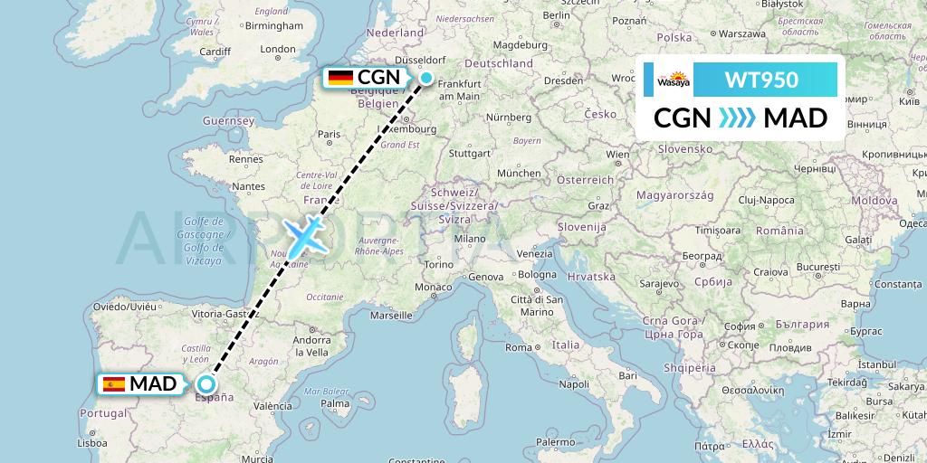 WT950 Swiftair Flight Map: Cologne to Madrid