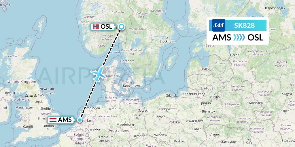 SK828 SAS Flight Map: Amsterdam to Oslo