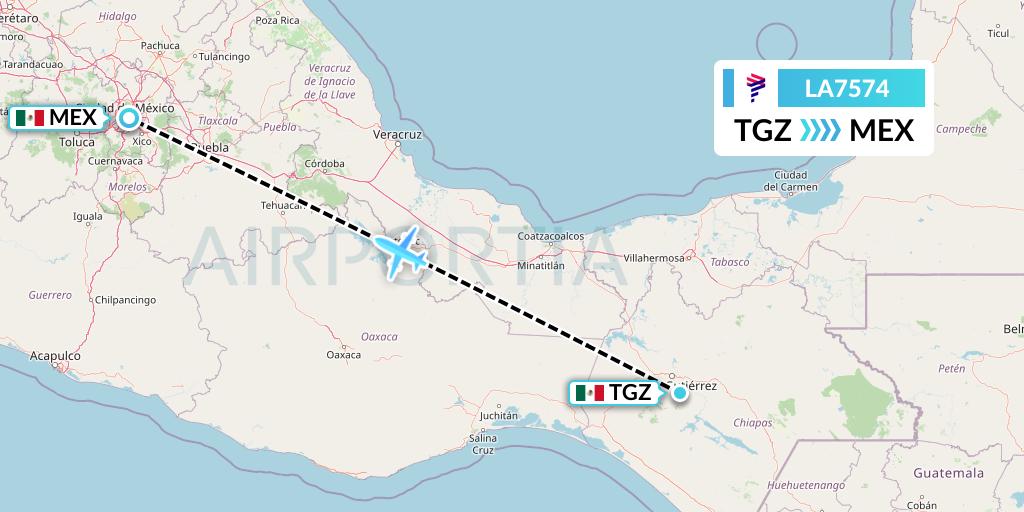 LA7574 LATAM Airlines Flight Map: Tuxtla Gutierrez to Mexico City