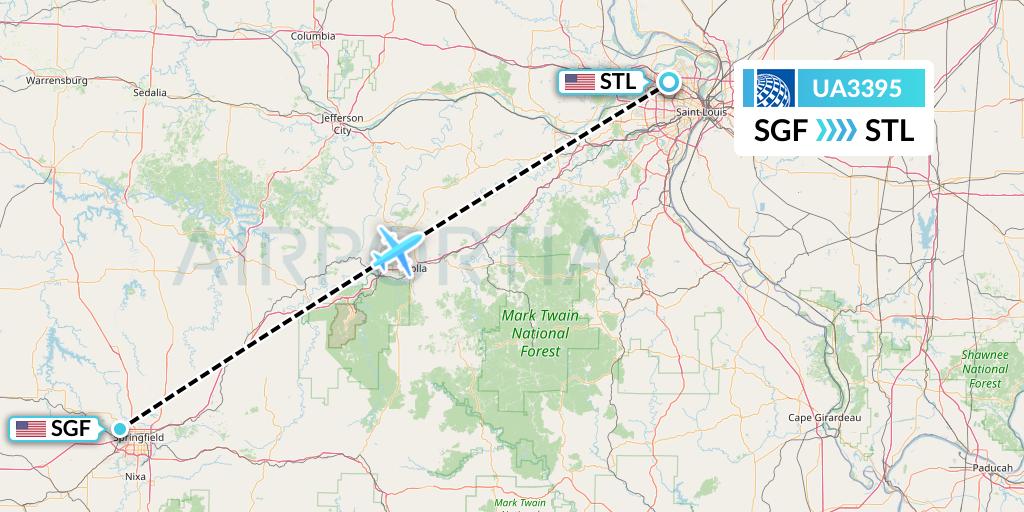 UA3395 United Airlines Flight Map: Springfield to St. Louis