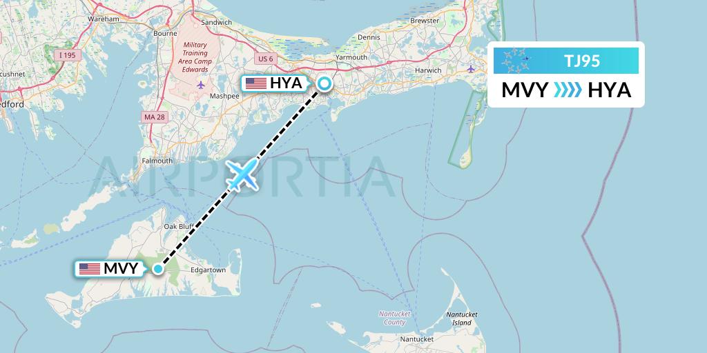 TJ95 Tradewind Aviation Flight Map: Martha's Vineyard to Hyannis