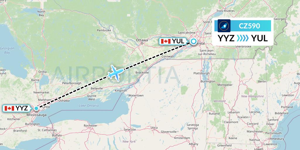 CZ590 China Southern Airlines Flight Map: Toronto to Montreal