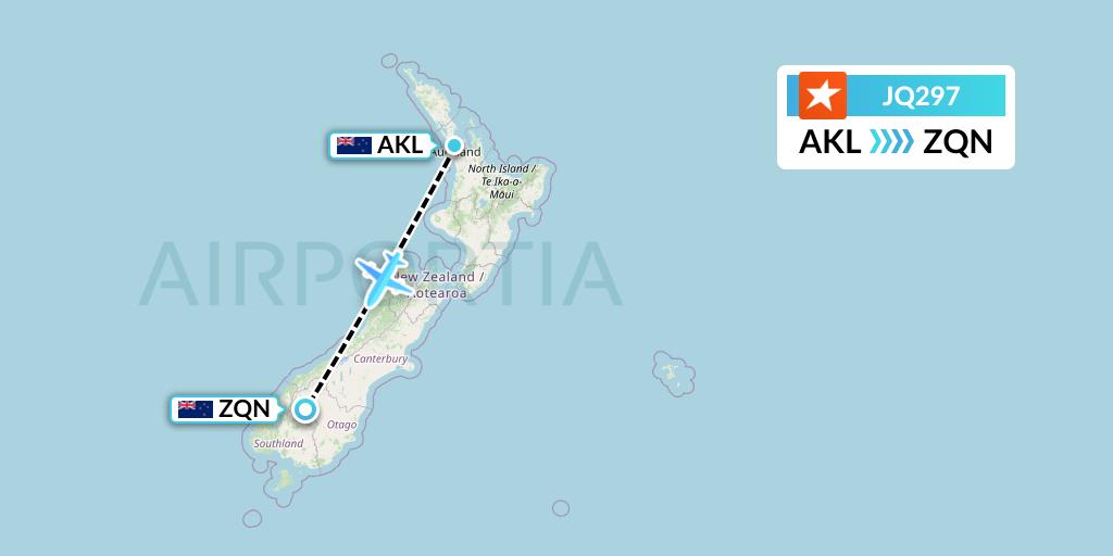 JQ297 Jetstar Airways Flight Map: Auckland to Queenstown