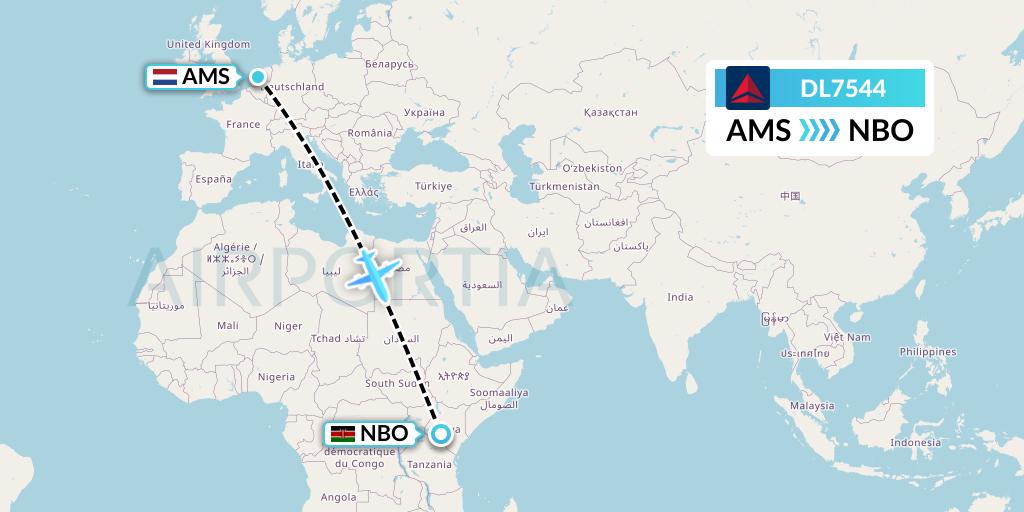DL7544 Delta Air Lines Flight Map: Amsterdam to Nairobi