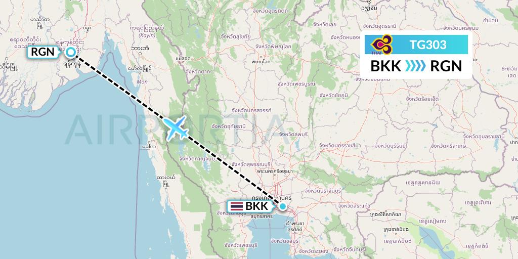 TG303 Thai Airways Flight Map: Bangkok to Yangon