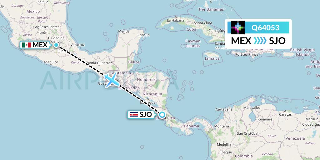 Q64053 Volaris Costa Rica Flight Map: Mexico City to San Jose