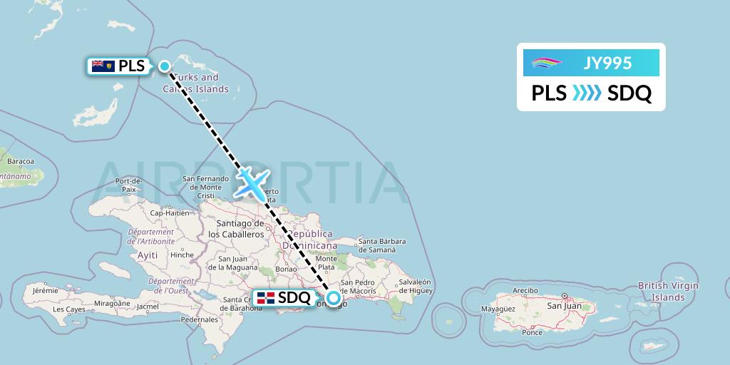 JY995 InterCaribbean Airways Flight Map: Providenciales to Santo Domingo