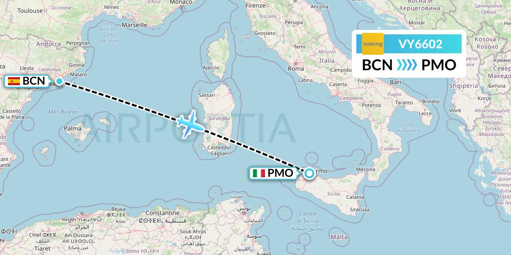 VY6602 Vueling Flight Map: Barcelona to Palermo