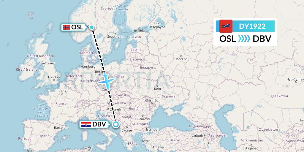 DY1922 Norwegian Flight Map: Oslo to Dubrovnik