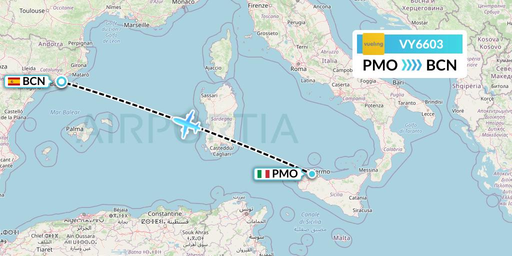 VY6603 Vueling Flight Map: Palermo to Barcelona