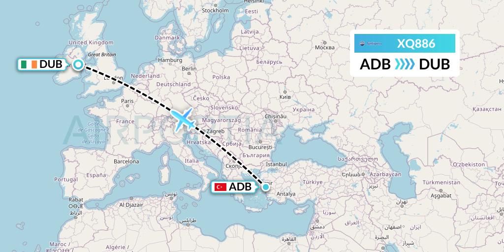 XQ886 SunExpress Flight Map: Izmir to Dublin