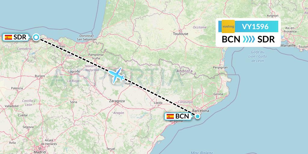 VY1596 Vueling Flight Map: Barcelona to Santander