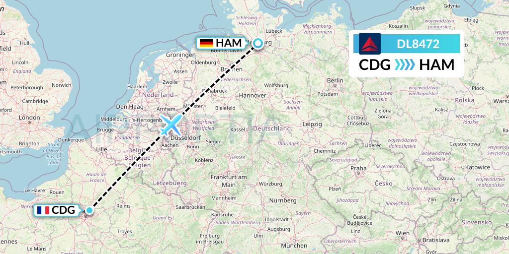 DL8472 Delta Air Lines Flight Map: Paris to Hamburg