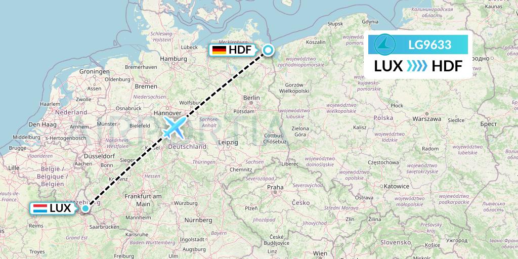 LG9633 Luxair Flight Map: Luxembourg to Heringsdorf