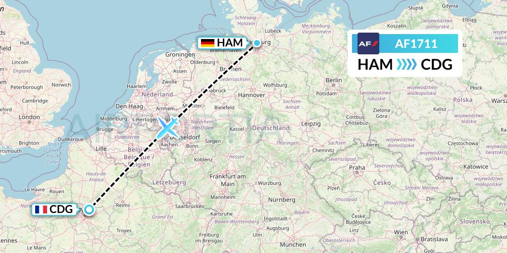 AF1711 Air France Flight Map: Hamburg to Paris