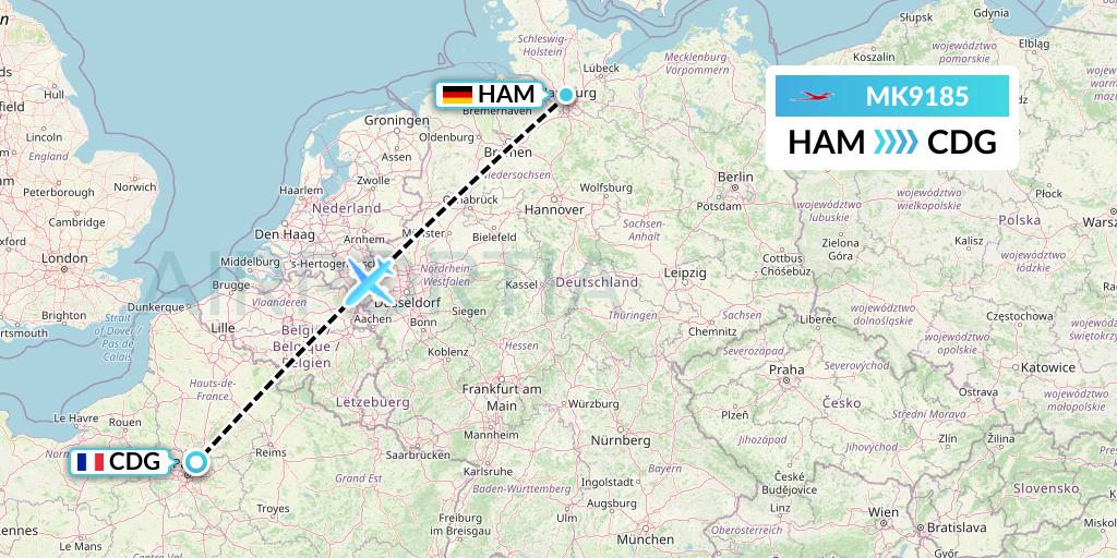 MK9185 Air Mauritius Flight Map: Hamburg to Paris