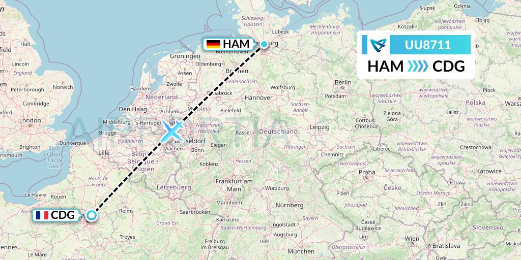 UU8711 Air Austral Flight Map: Hamburg to Paris