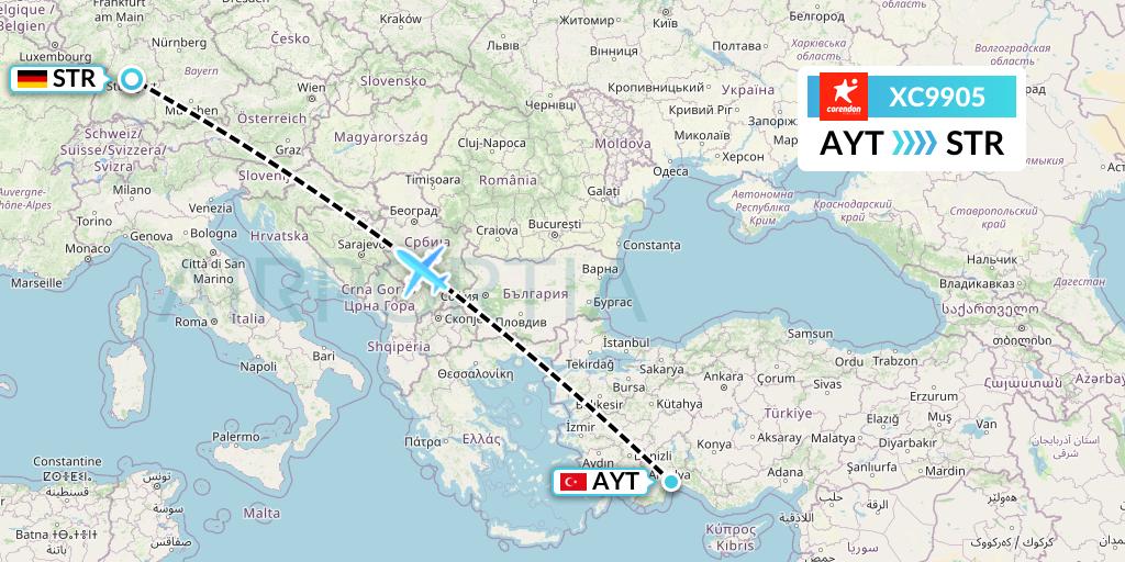 XC9905 Corendon Airlines Flight Map: Antalya to Stuttgart